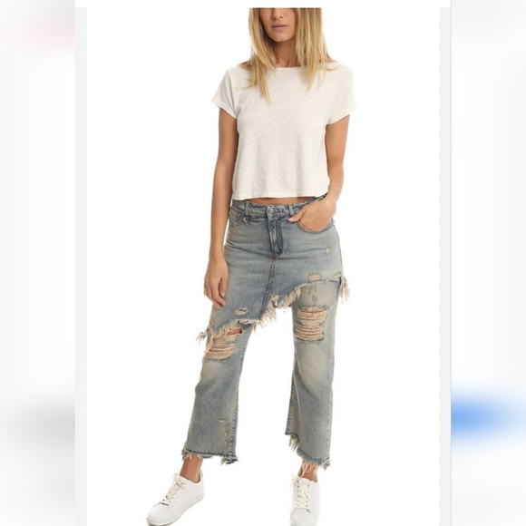 R13 Denim Double Classic ShreddedHem Skirted Jeans - Picture 6 of 16